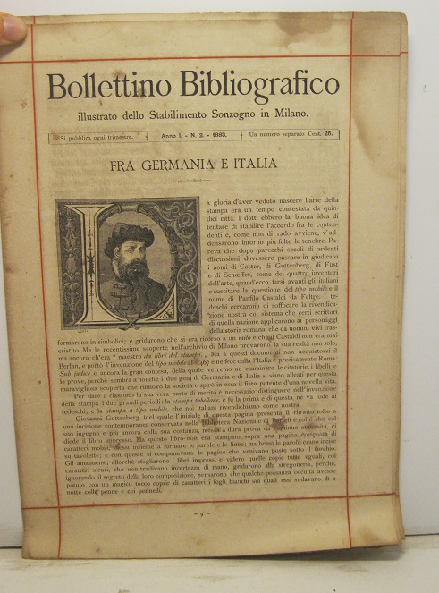Bollettino bibliografico illustrato dello Stabilimento Sonzogno in Milano. Anno I, n. 2, 1883. Fra Germania e Italia